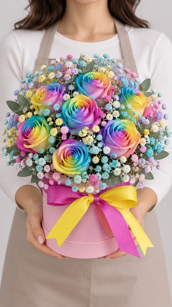 Радужные розы в коробке Just For You «Весенняя Встреча» — «Весенняя Встреча» — свежая композиция из роз в многокрасочной палитре, с аккуратной упаковкой и…